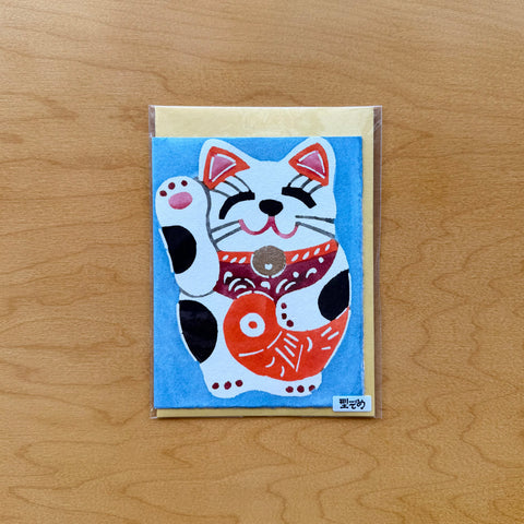 Handmade Greeting Card, Lucky Cat with Sea Bream