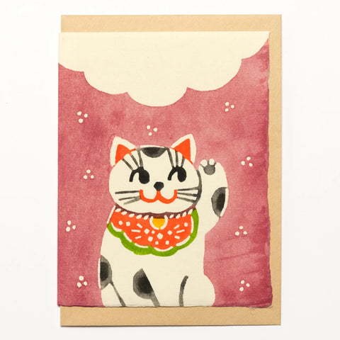 Handmade Greeting Card, Lucky Cat, Pink