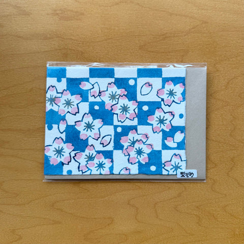 Handmade Greeting Card, Cherry Blossoms and Checkers